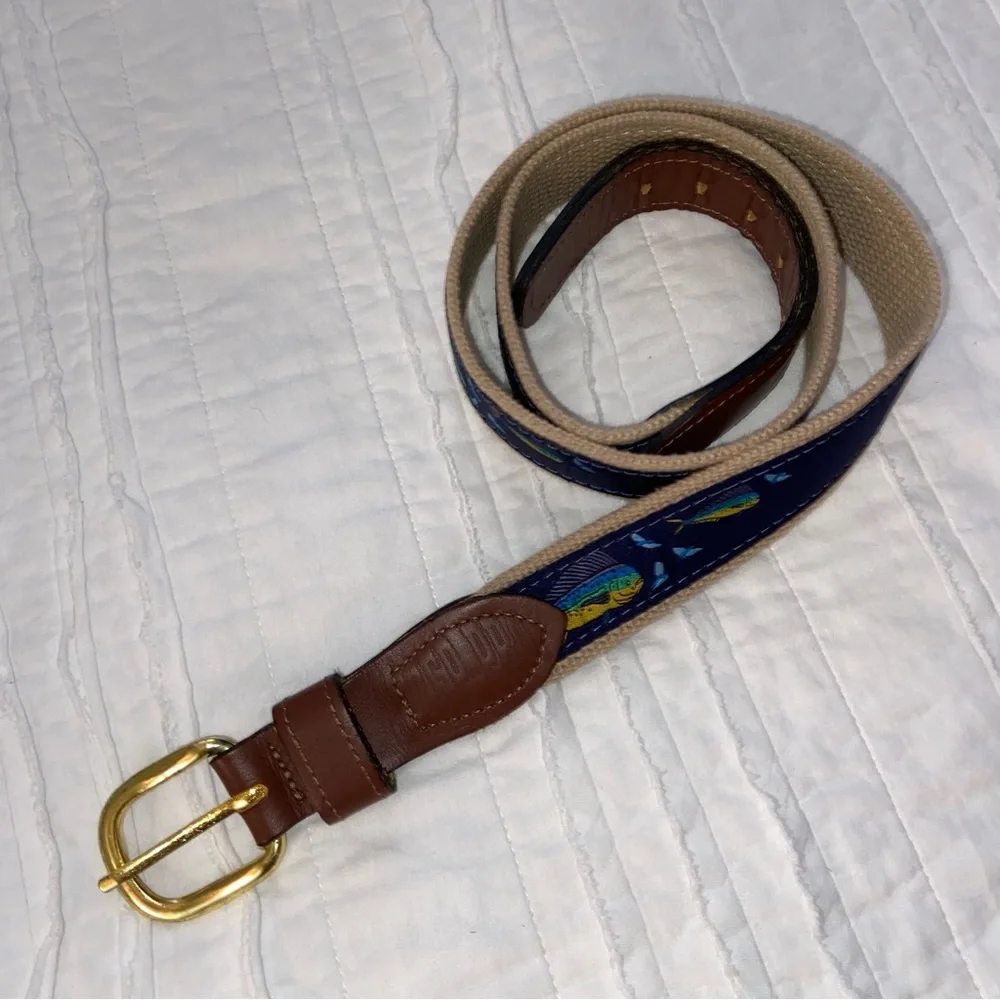 Men’s 36 Leather Ribbon Belt Yellow Tuna Fish Preppy coastal boat Hamptons beach